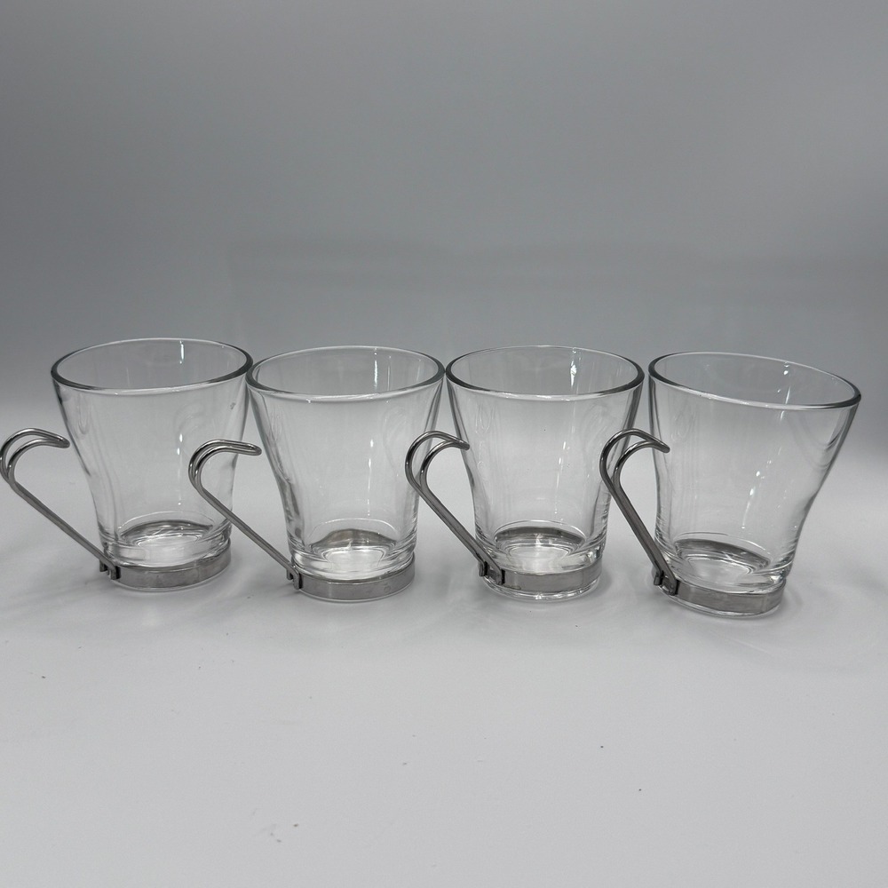 Bormioli Rocco Oslo Tempered Glass Coffee Cups Set of 4 Stainless Steel Handles